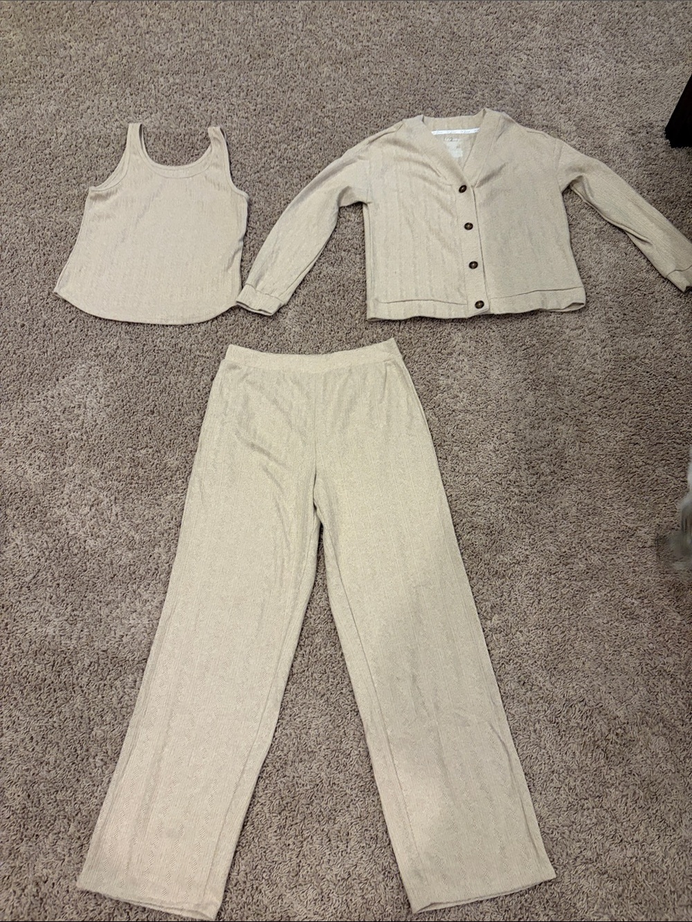 Women's Cream Knit Pajama Set - Tank, Cardigan & Pants